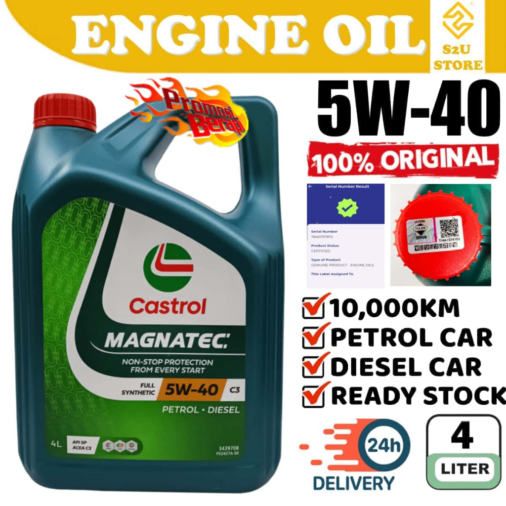 S2U น้ํามันเครื่อง Castrol Magnatetec DUALOCK 5W40 4L สังเคราะห์ทันที Miyak Hitam Enjin Kereta