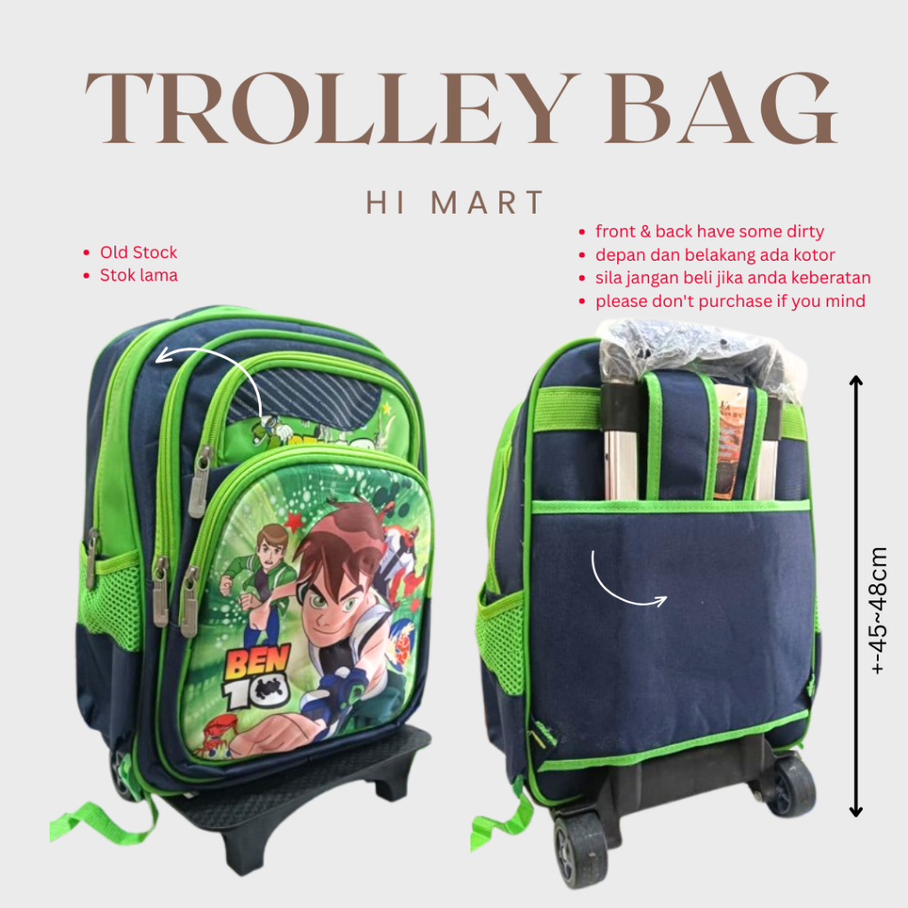 Hi Mart - Trolley Backpack School Travel Canvas Sekolah Tuition Bag โทรลล์ Beg Old Stok Lama