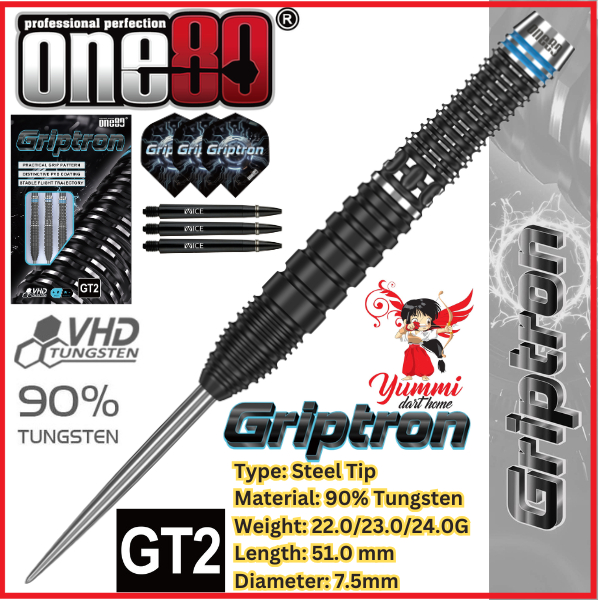 ONE80 STEEL TIP DARTS - GRIPTON GT2 (22G/23G/24G)