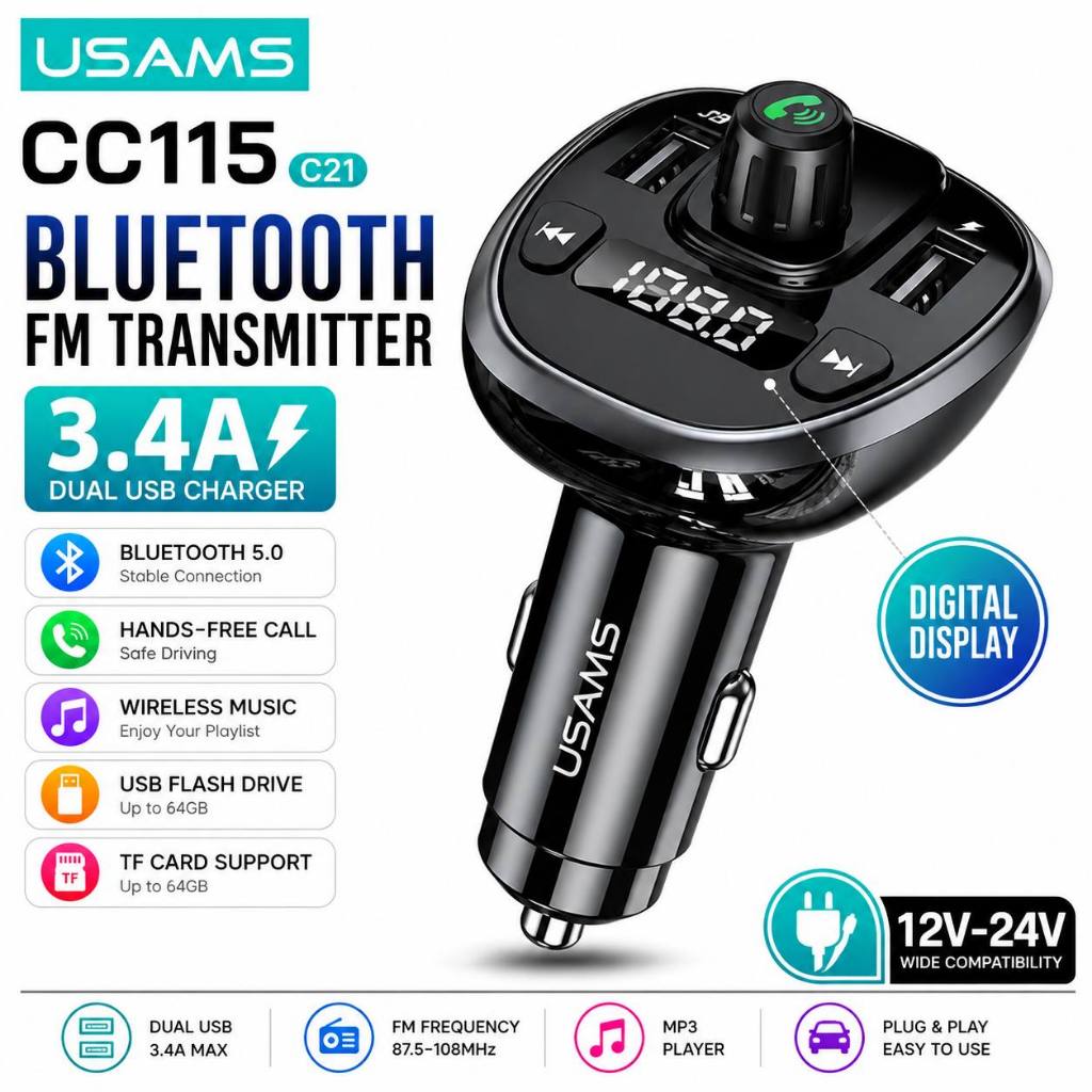 USAMS CC115 C21 บลูทูธเครื่องส่งสัญญาณ FM ที่ชาร์จแบตในรถ Dual USB 3.4A แฮนด์ฟรีคอลจอแสดงผลดิจิตอล U