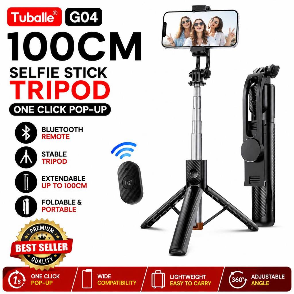 Tuballe G04 100 ซม.Selfie Stick ขาตั้งกล้องบลูทูธระยะไกลขยายขาตั้งโทรศัพท์สําหรับ TikTok Vlog สตรีมม