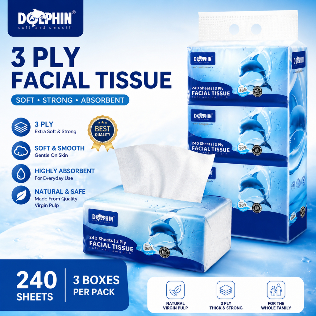 DOLPHIN Tebal 3ply กระดาษเช็ดหน้า 240 แผ่น/1 แพ็ค DOL-FT240