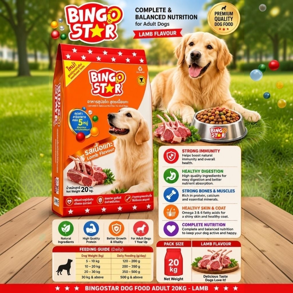 Bingo Star อาหารสุนัขโต Lamb Flavour 20กก. อาหารสุนัขแบบแห้งสมบูรณ์และสมดุล