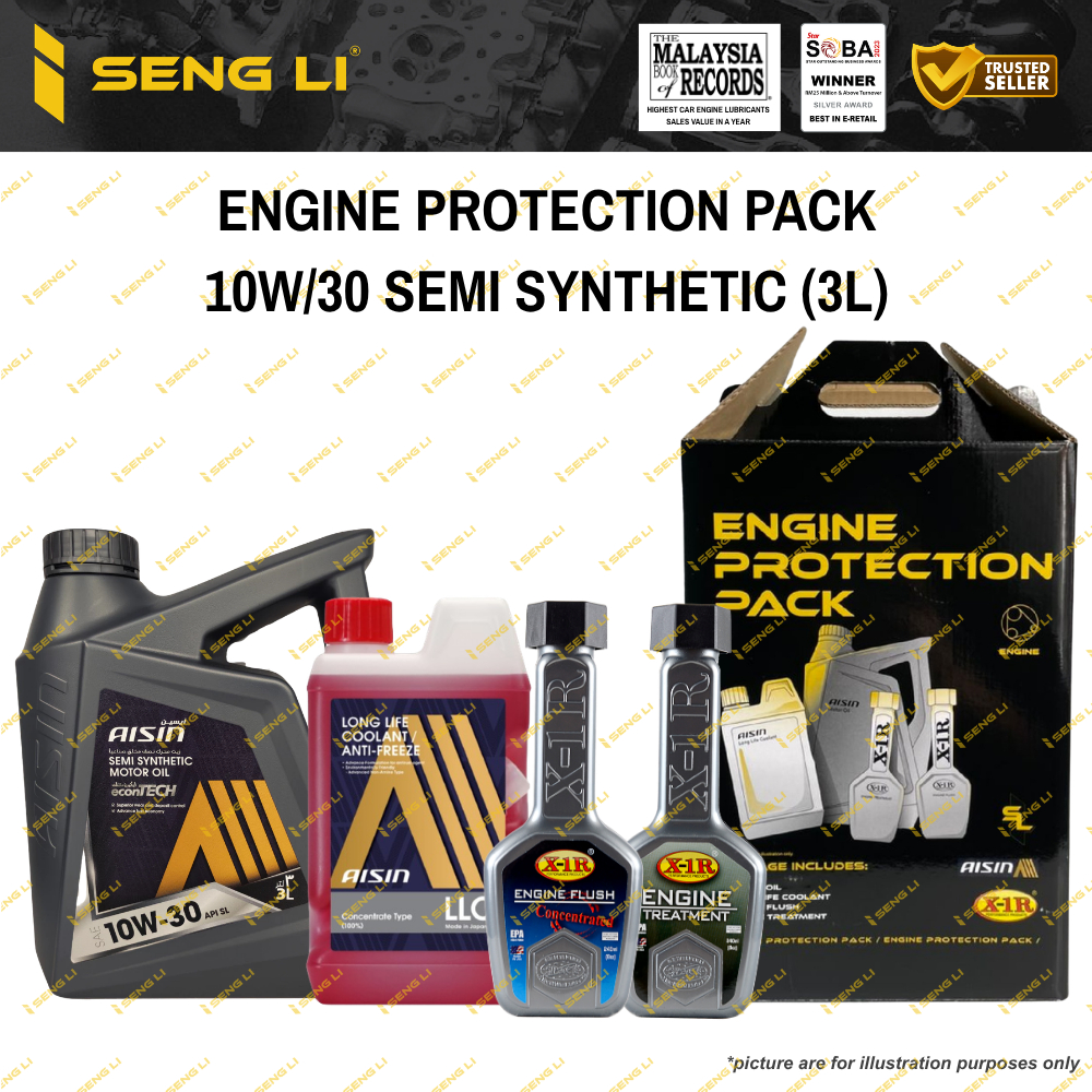 COMBO PACK AISIN 10W30 SEMI SYNTHETIC ENGINE OIL 3L +AINS COOLANT + X1R ENGINE FLUSH + X1R ENGINE TR