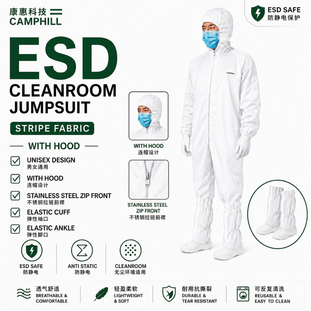 ESD จั๊มสูท Headcover Cleanroom Workwear Lab เครื่องแบบรอบคอลายซิปประเภท Unisex สีขาว/Skyblue/DarkGr