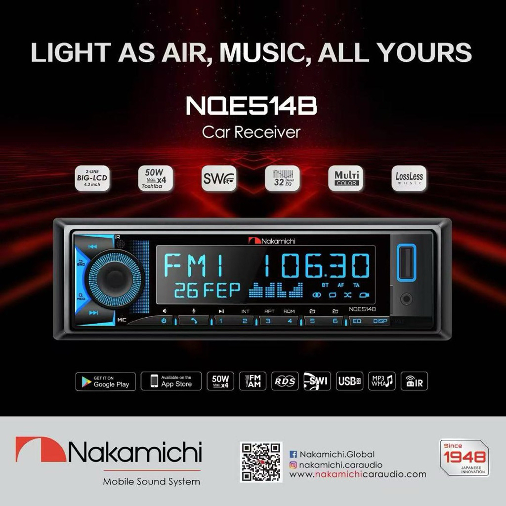 NAKAMICHI [NQE514B] Single Din Player FM Ratio / Bluetooth / 32 Band EQ LossLess Music