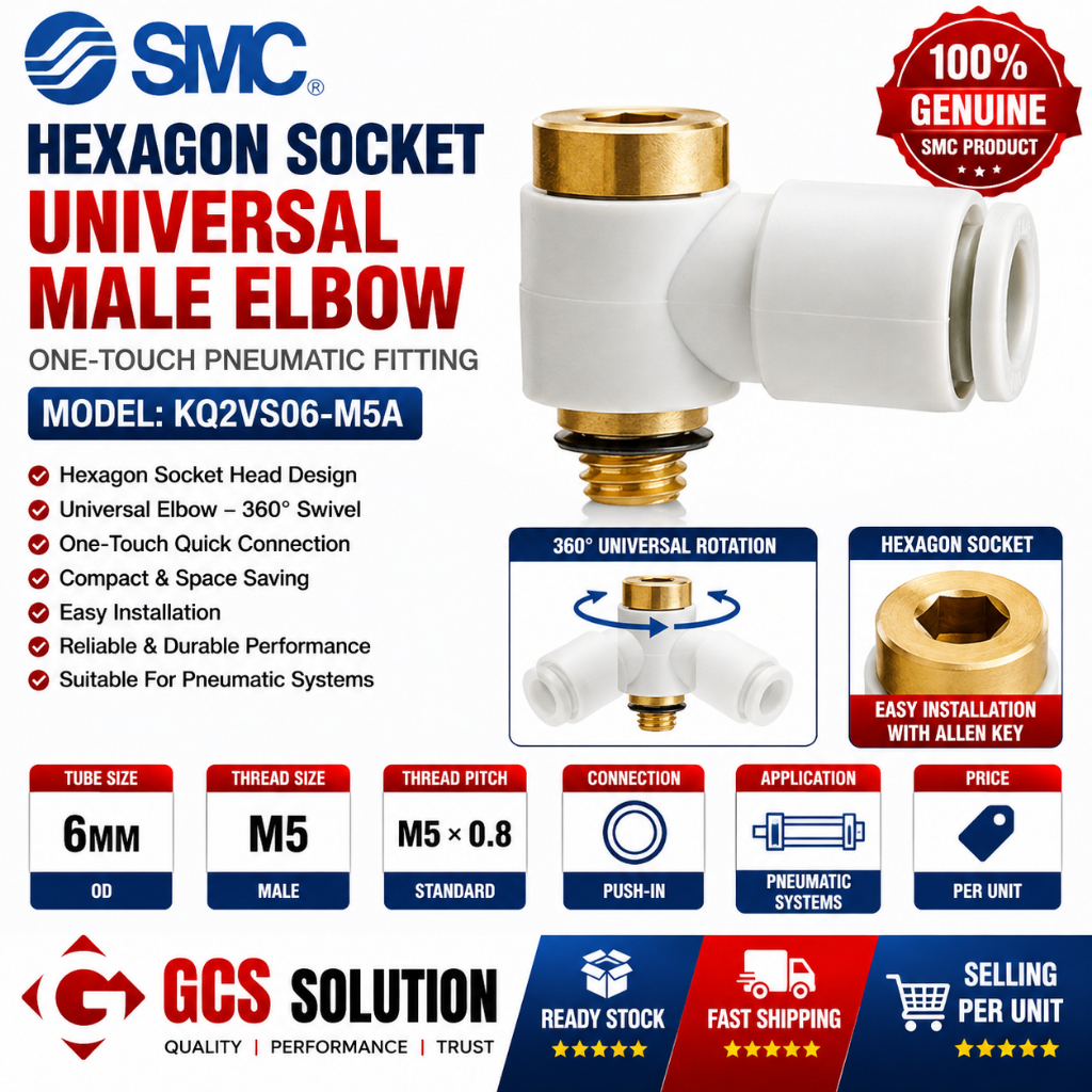 SMC KQ2VS06-M5A ซ็อกเก็ต HEXAGON UNIVERSAL ชาย ELBOW 6 มม. หลอด x M5 ชายสอน