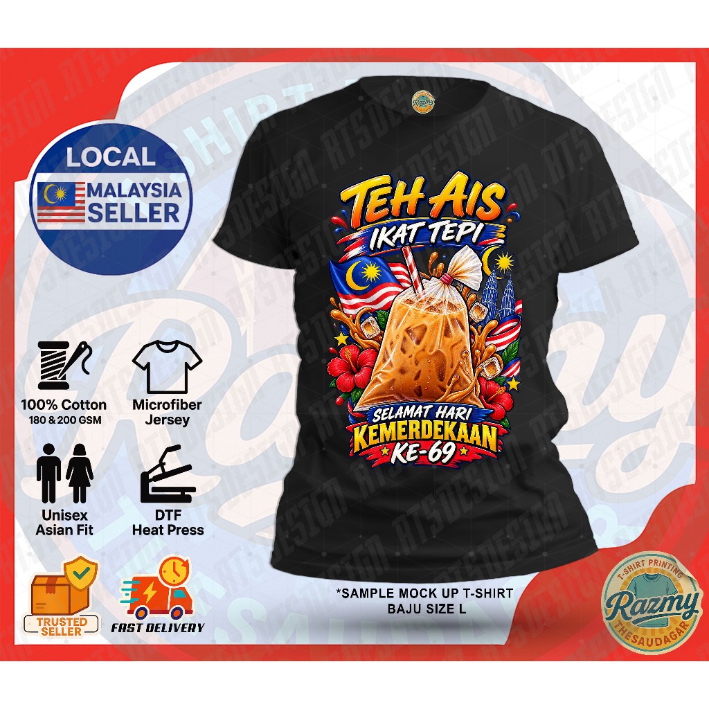 BAJU TEH AIS IKAT TEPI MERDEKA KE 69 2026 รอบคอสั้นแขนเสื้อเสื้อยืดผ้าฝ้าย MICROFIBER