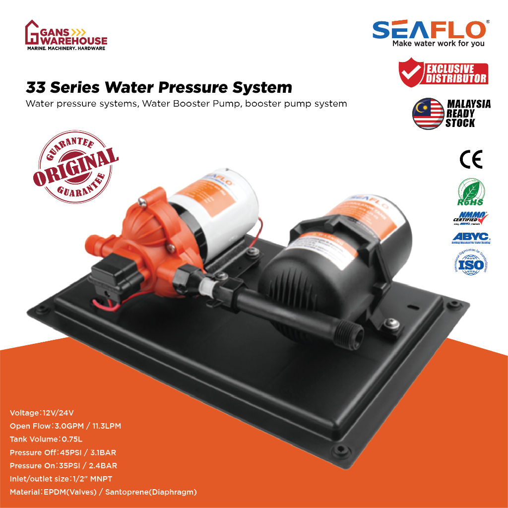 SEAFLO 33 Series ชุดระบบแรงดันน้ํา 12V พร้อม 0.75L Accumulator Tank - ปั๊มบูสเตอร์น้ําไดอะแฟรม