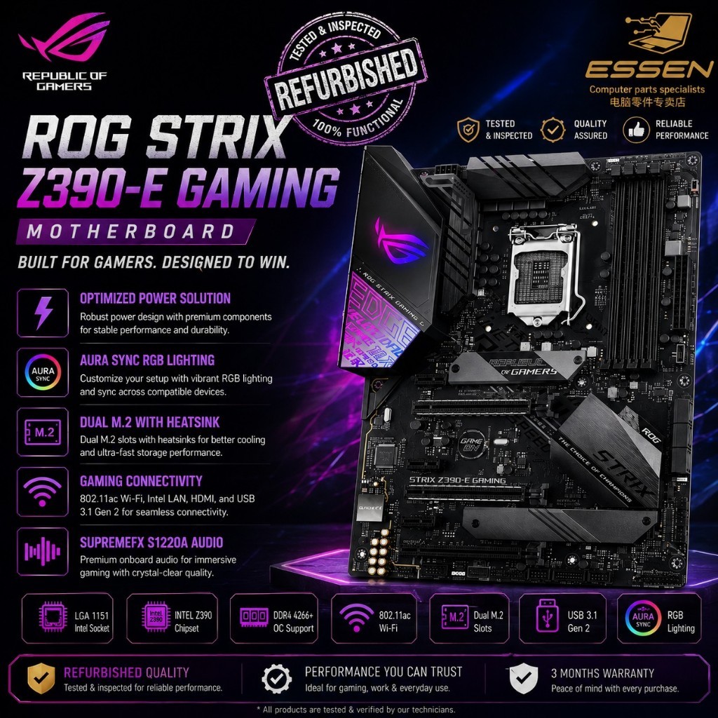 REFURBISHED ASUS ROG STRIX Z390-E GAMING ATX MOTHERBOARD INTEL Z390 LGA1151 DDR4 WIFI RGB DUAL M.2 พ