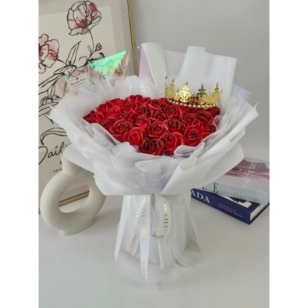 ช่อดอกไม้สบู่ Royal Crown Heart Series 33 Glitter Roses, Princess Edition สําหรับวันเกิด, ข้อเสนอ,วั