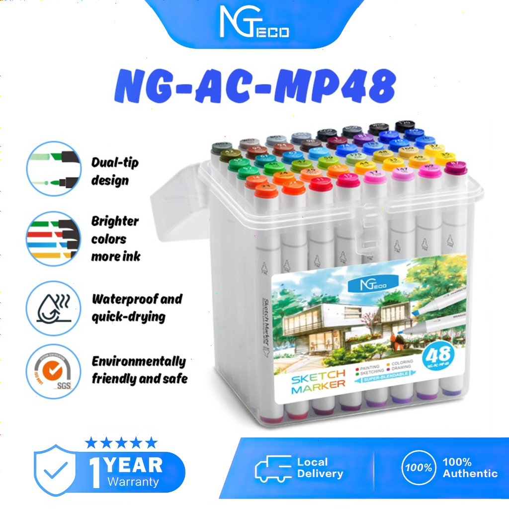 NGTeco 48 ปากกามาร์กเกอร์สีปากกามาร์กเกอร์แอลกอฮอล์ชุดปากกามาร์กเกอร์แบบสัมผัสชุดปากกาเน้นข้อความชุด