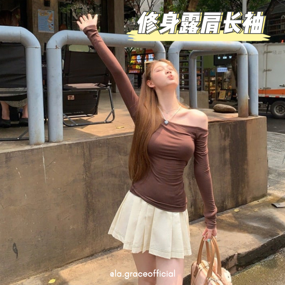 LA.GRACE OFFICIALOff ไหล่เสื้อแขนยาว/Slim Fit ยืดเสื้อ/ลําลอง Tee/หนึ่งไหล่เสื้อยืดผู้หญิง/露肩长