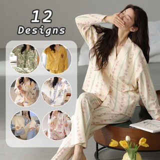 Simple Set Pyjamas Women Long Sleeve Floral Print Pajama Woman Sleepwear Girl Baju Tidur Set Lengan Panjang Wanita PJ025
