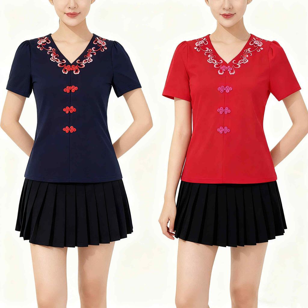 (BLUE GRIL-BG26703)S-4XL Womens Tops Tencel Roman Fabric V คอปักสไตล์ Tops