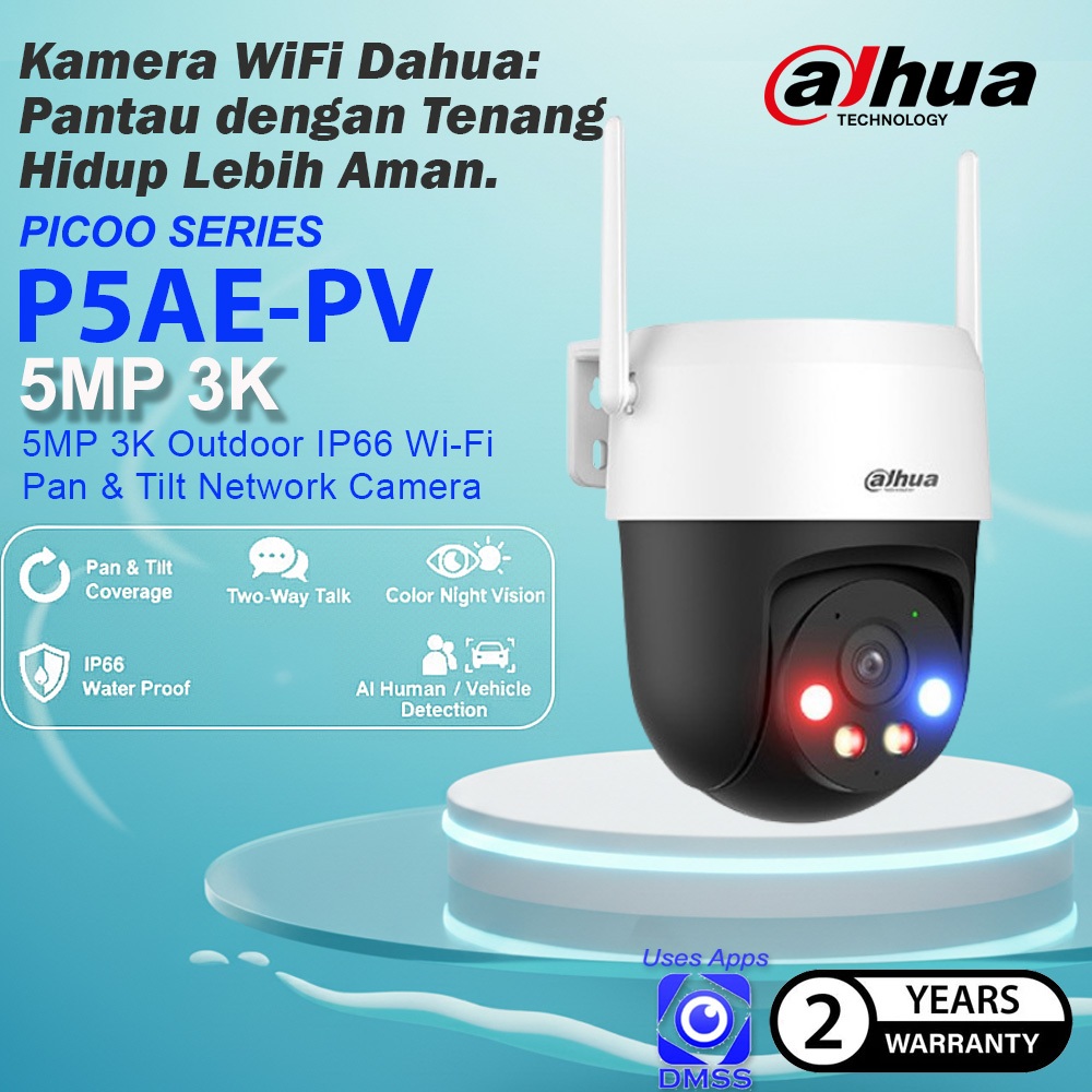 DAHUA PCOO P5AE-PV 5MP H.265 การติดตามอัตโนมัติกลางแจ้ง Wi-Fi Pan & Tilt Alarm Night Vision กล้อง