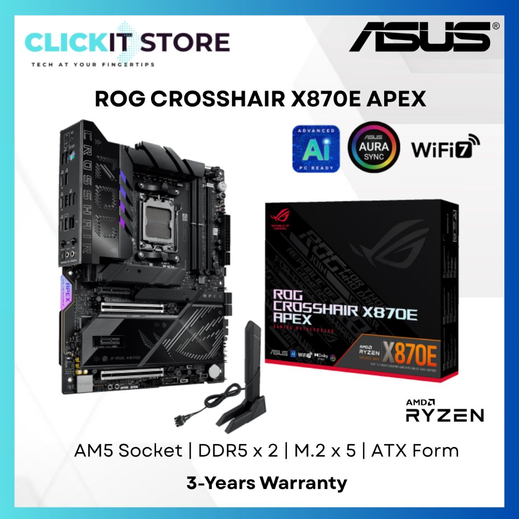 เมนบอร์ด ASUS ROG CROSSHAIR X870E APEX ATX | AMD AM5, DDR5 x 2 (สูงสุด. 128GB), M.2 Slots x 5, WIFI7