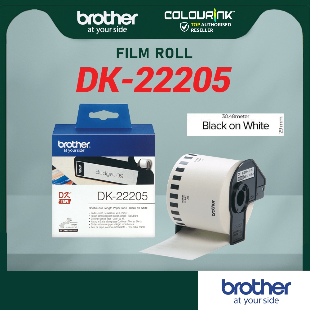 Brother 62mm DK-22205 Continous Label Film Tape สีดําบนสีขาว QL700 QL720 QL800 QL820NWB DK22205