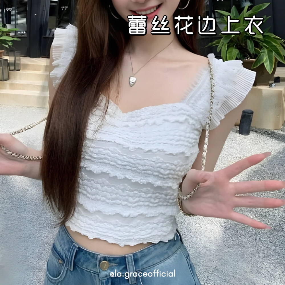 LA.GRACE OFFICIALเสื้อกล้ามลูกไม้นัวเนียเกาหลี/จีบจีบจีบFrillเสื้อครอปแขนกุด/ตาข่ายElegant Camisole/