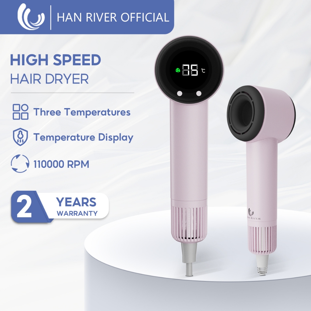 HAN RIVER เครื่องเป่าผมความเร็วสูงแสดงอุณหภูมิ 110K RPM Motor Mini 9 โหมดอบแห้ง