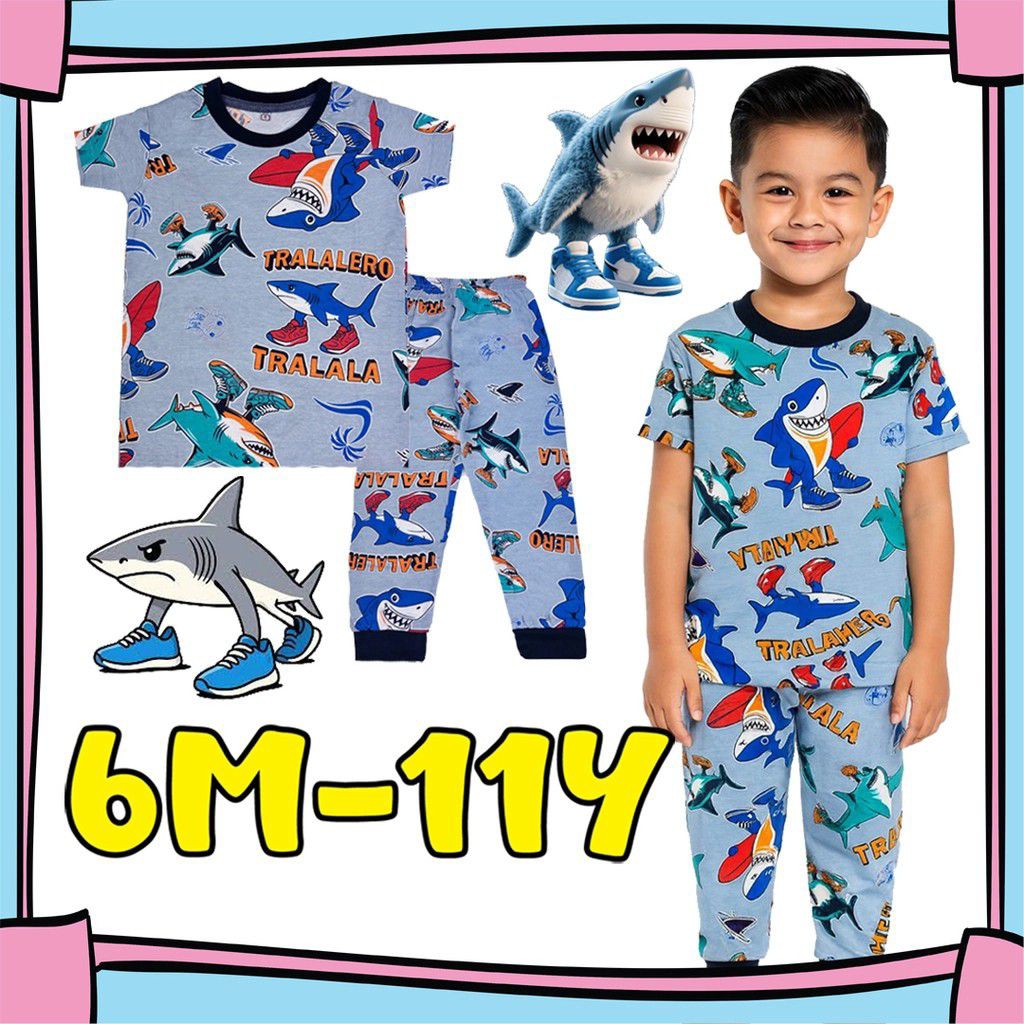 BAJU TIDUR SLEEPWEAR PIJAMA (6M-11Y) TRALALA SHARK Sedondon Full Cotton ชุดนอนเด็กเด็กชายเด็ก Pakaia