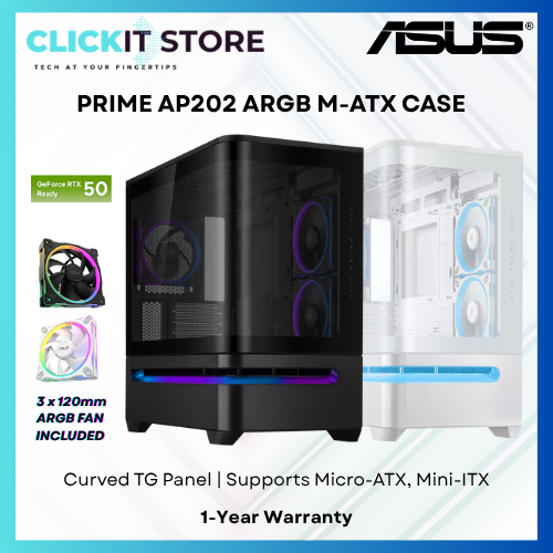 ASUS PRIME AP202 TG ARGB (รวมพัดลม ARGB 3 x) เคสพีซี mATX สีดํา/ขาว | แผง TG โค้ง