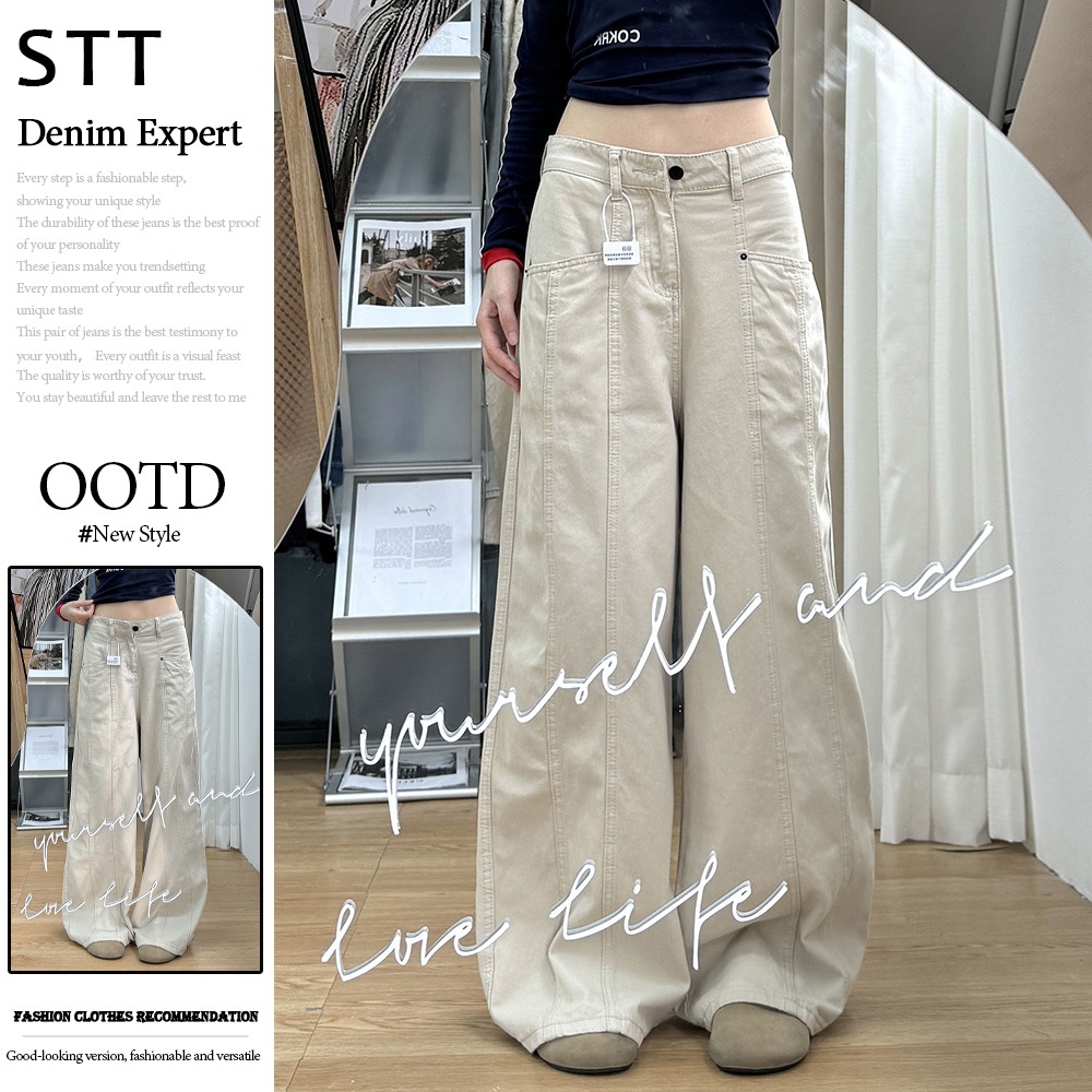 STT กางเกงยีนส์ทรงหลวมสไตล์เกาหลีแอปริคอทกางเกงคาร์โก้ผู้หญิงเอวสูง Seluar กางเกงยีนส์ Kasual Kaki L