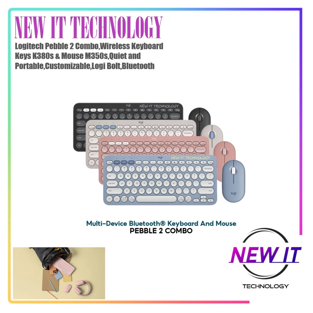 Logitech Pebble 2 Combo, ปุ่มคีย์บอร์ดไร้สาย K380s & Mouse M350s, เงียบและพกพา, ปรับแต่งได้, สายฟ้าโ