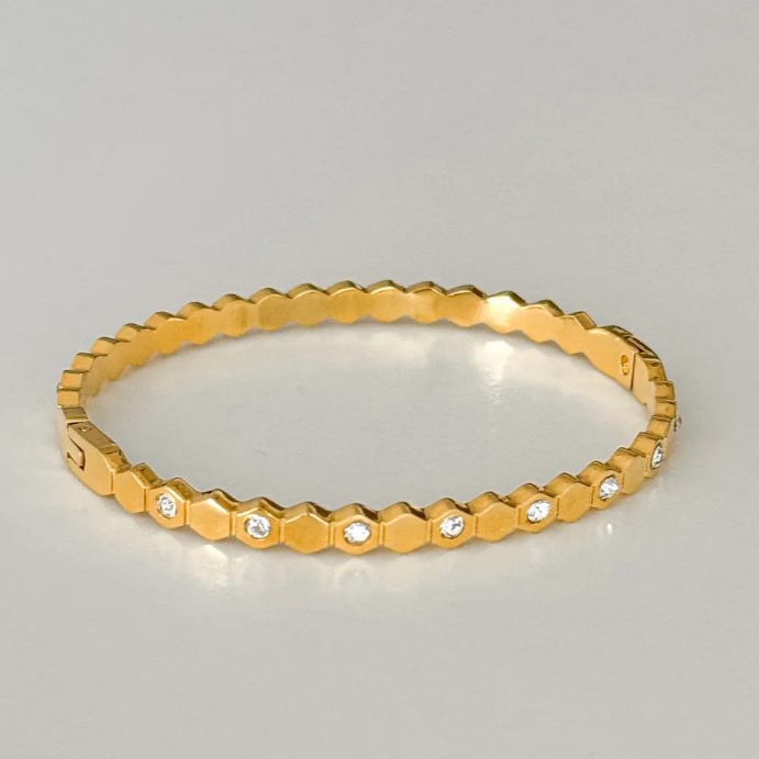 🇲 🇾 HONEYCOMB HEXAGONAL ZIRCONIA BANGLE TITANIUM STEEL GELANG TANGAN ANTI KARAT JEWELERY
