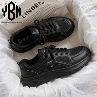 【YBM】Breathable Mesh Women’s Platform Sneakers All-Black Lace-Up Platform Casual/Street Non-Slip