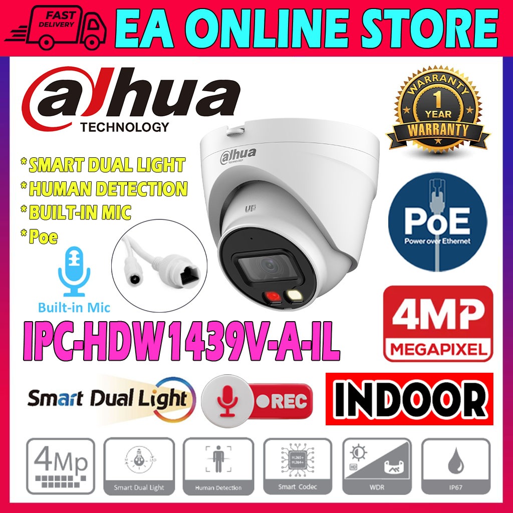 DAHUA IPC-HDW-1439V-A-IL 4.0MP POE IP เครือข่ายกล้องวงจรปิด 4MP HD โดมในร่มสมาร์ท Dual Light Mic Voi