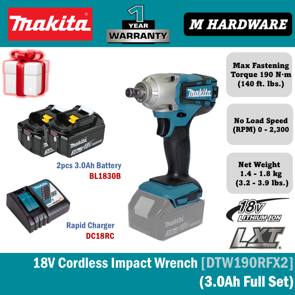 MAKITA 18V ประแจผลกระทบไร้สาย 12.7 มม. (1/2") DTW190RFX2 / DTW190ZX / DTW190