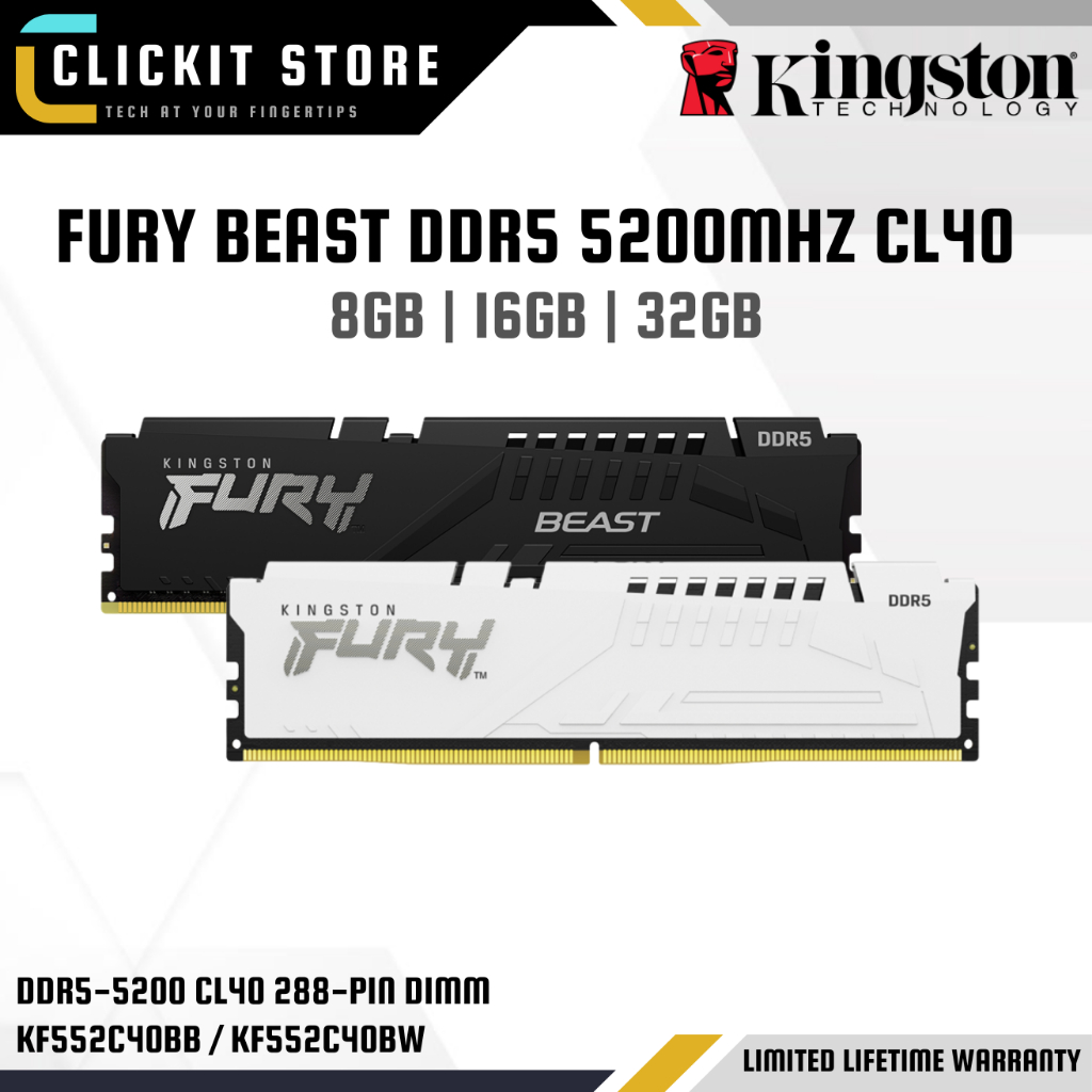 KINGSTON FURY Beast DDR5 5200mMHz CL40 DIMM Dekstop RAM – 8GB / 16GB / 32GB | KF552C40BB /KF552C40BW