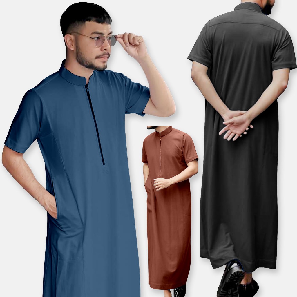 Men Jubah Half Sleeves Jubah Stand Collar front Zip Style Jubah Raya S ถึง 3XL