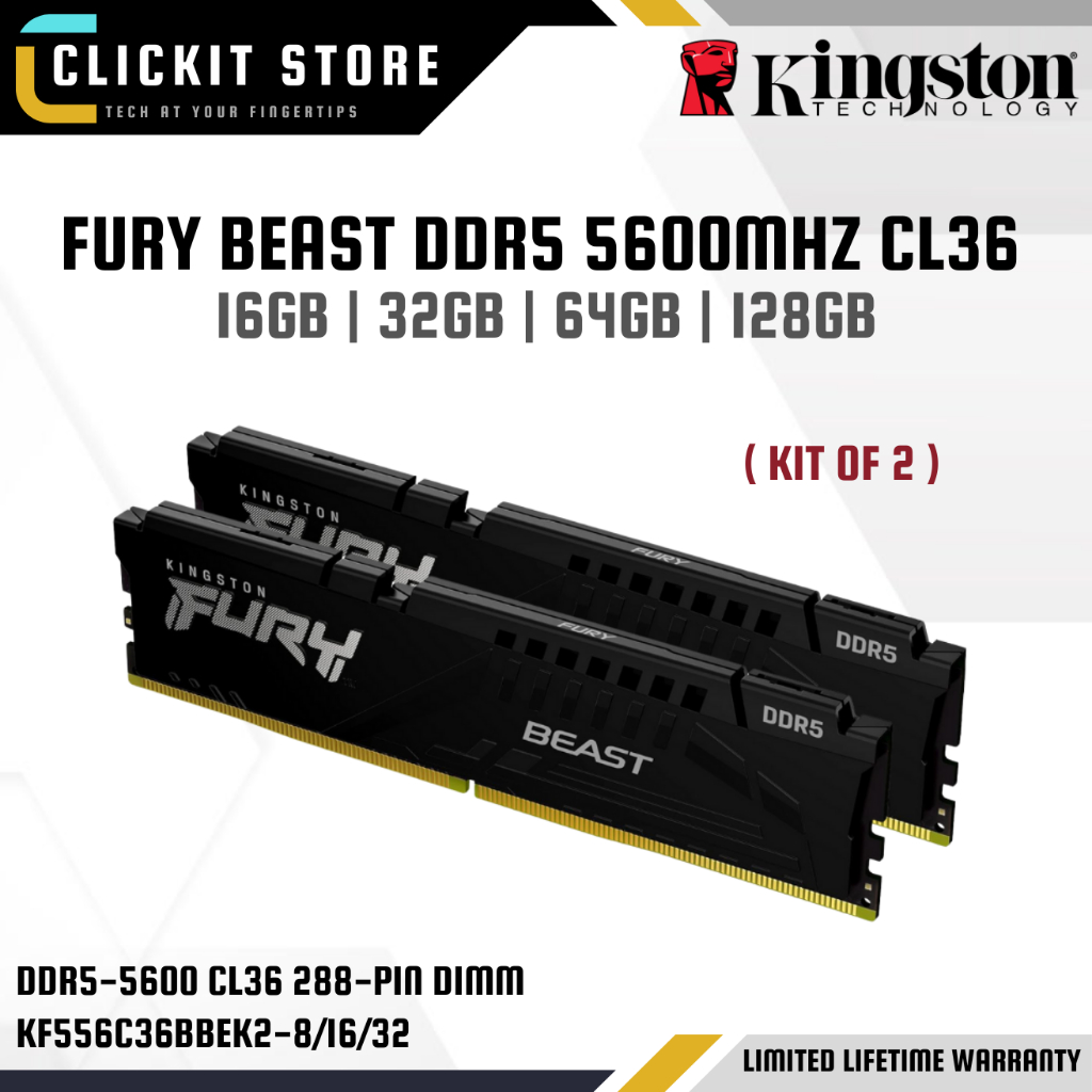 KINGSTON FURY Beast DDR5 5600MHz CL36 DIMM (ชุด 2 ชิ้น) - 16GB/32GB/64GB/128GB | KF556C36BBK2