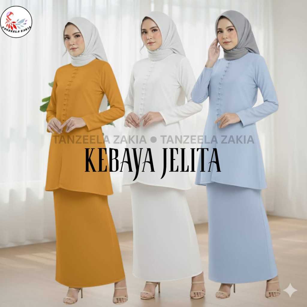 JELITA KEBAYA (S-2XL) I Womens Comocrepe Kebaya Kurung Set + ผ้าบาติกแบบพับ คอคอปก แฟชั่นมุสลิม