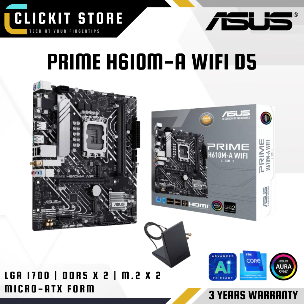 ASUS PRIME H610M-A WIFI DDR5 D5 | แอลจีเอ 1700 | M.2 Slots x 2 | เมนบอร์ด Aura Sync Micro-ATX