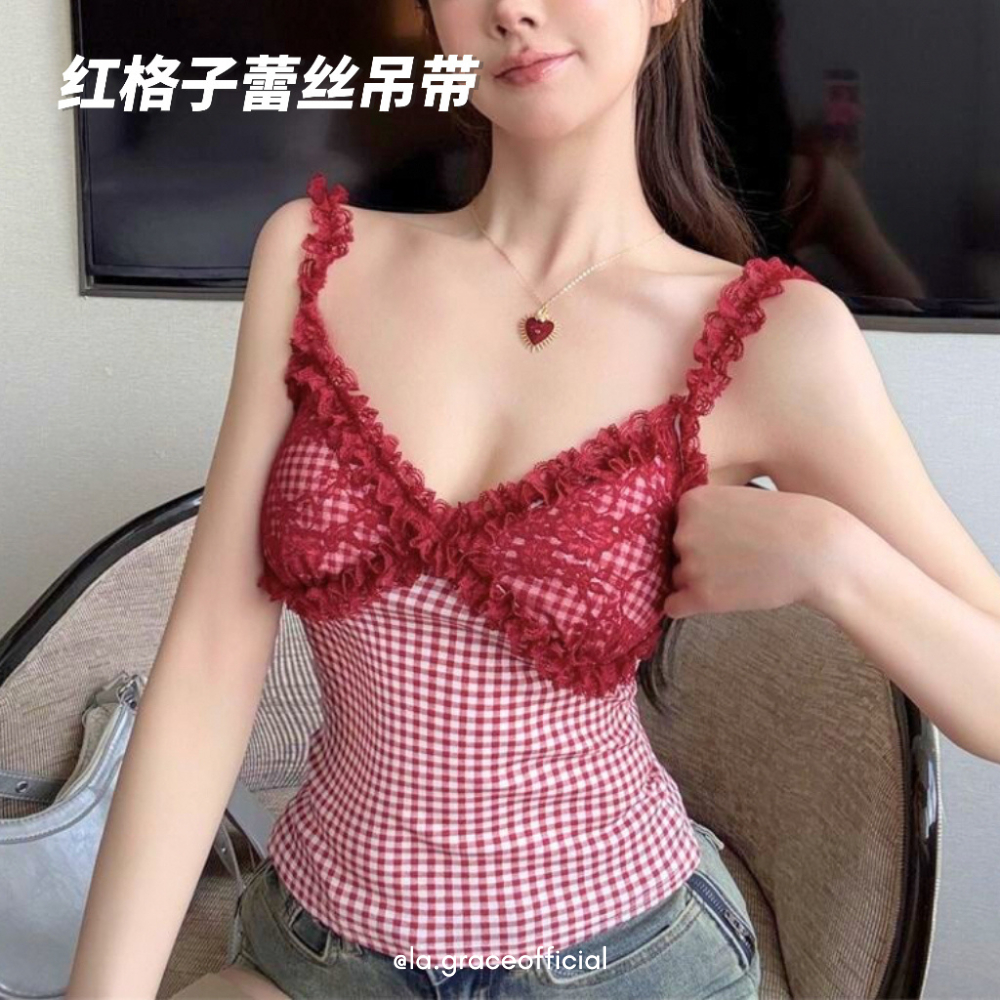 LA.GRACE OFFICIALRed Gingham Lace Camisole Top Women Slim Fit Sexy Spaghetti Strap Summer Top 红格子丝吊带
