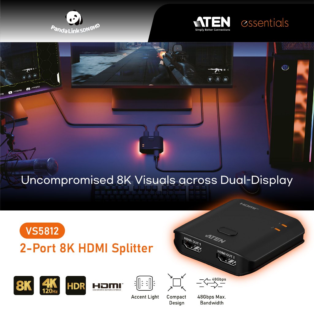 ATEN VS5812 2-Port 8K HDMI Splitter + ฟรีเสื้อยืดที่จําเป็น ATEN