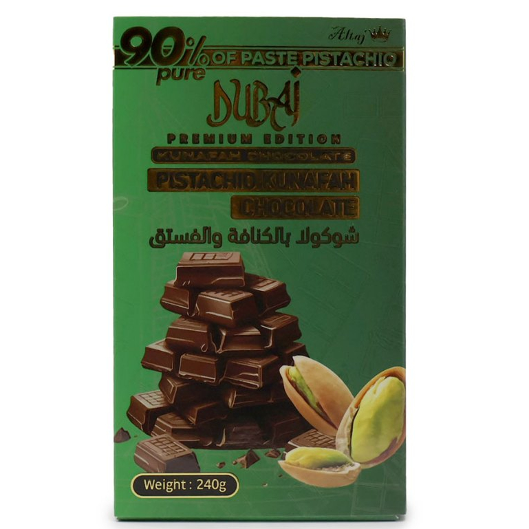 PISTACHIO KUNAFAH CHOCOLATE DUBAI 240G , 90% OF PASTE PURE PISTACHIO BY ALTAJ