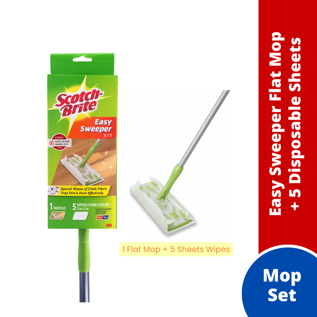 3M Scotch Brite Easy Sweeper Flat Mop [ ชุดไม้ถูพื้น (ไม้ถูพื้นแบบแบน + แผ่นแบบใช้แล้วทิ้ง 5 แผ่น) |