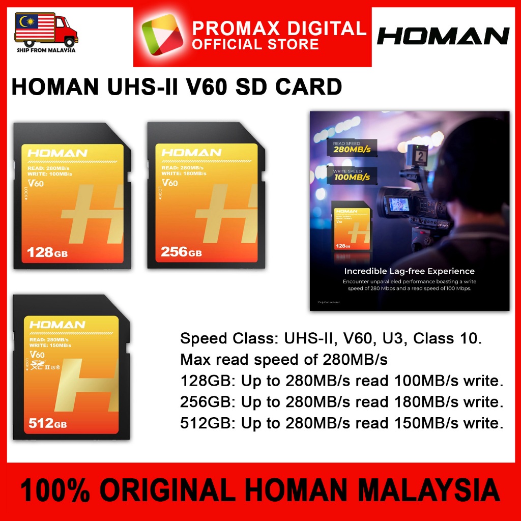 HOMAN UHS-II V60 SD CARD 128GB 256GB 512GB UHSII SDXC U3 V60 ความเร็วสูงสุด 280 MB/s