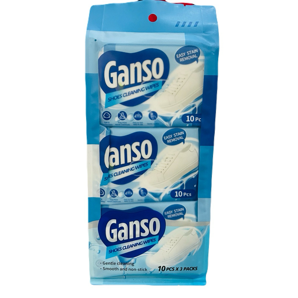 Ganso ผ้าเช็ดทําความสะอาดรองเท้า (18 ซม. x 15 ซม. x 10 ผ้าเช็ดทําความสะอาด) 10 ชิ้น x 3 แพ็ค