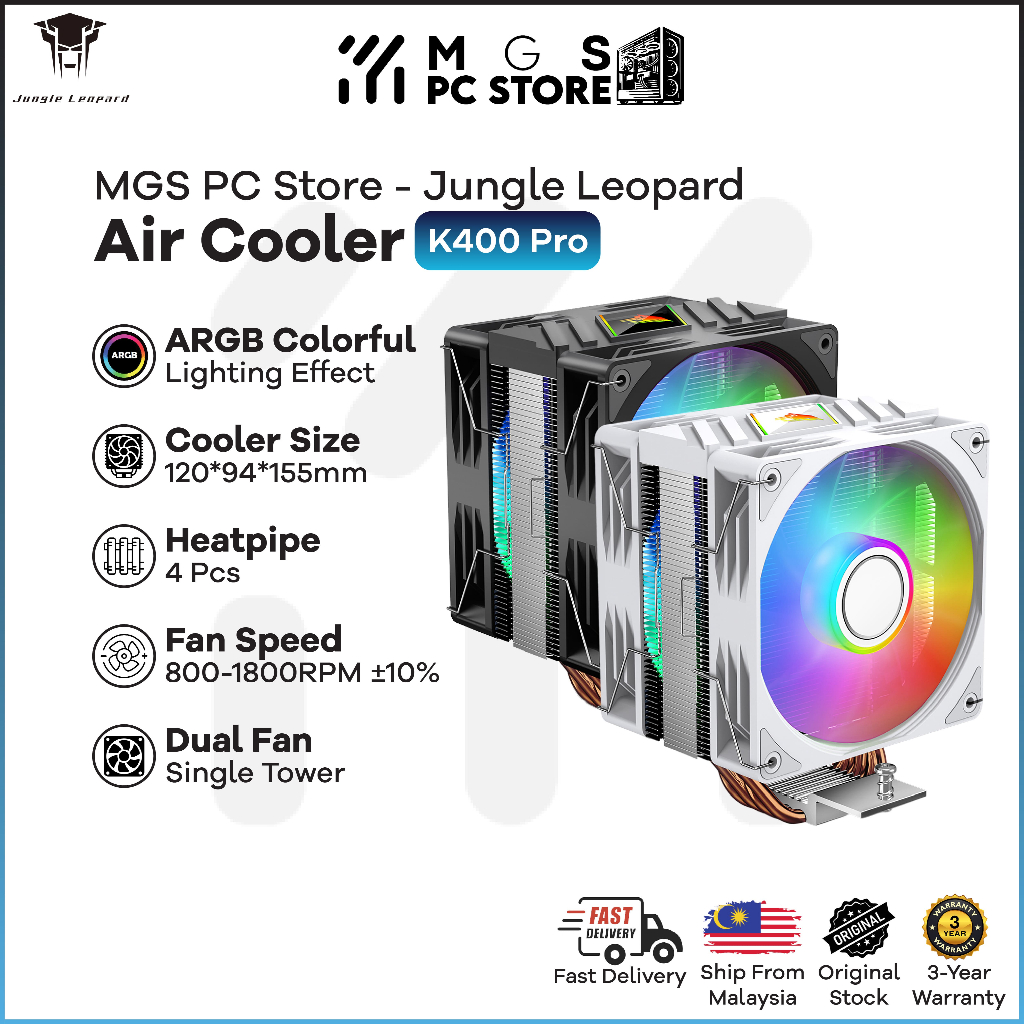 Jungle Leopard K400 Pro 4 ท่อความร้อน CPU Cooler ARGB เอฟเฟกต์แสงเดี่ยวทาวเวอร์พัดลมคู่ Air Cooler