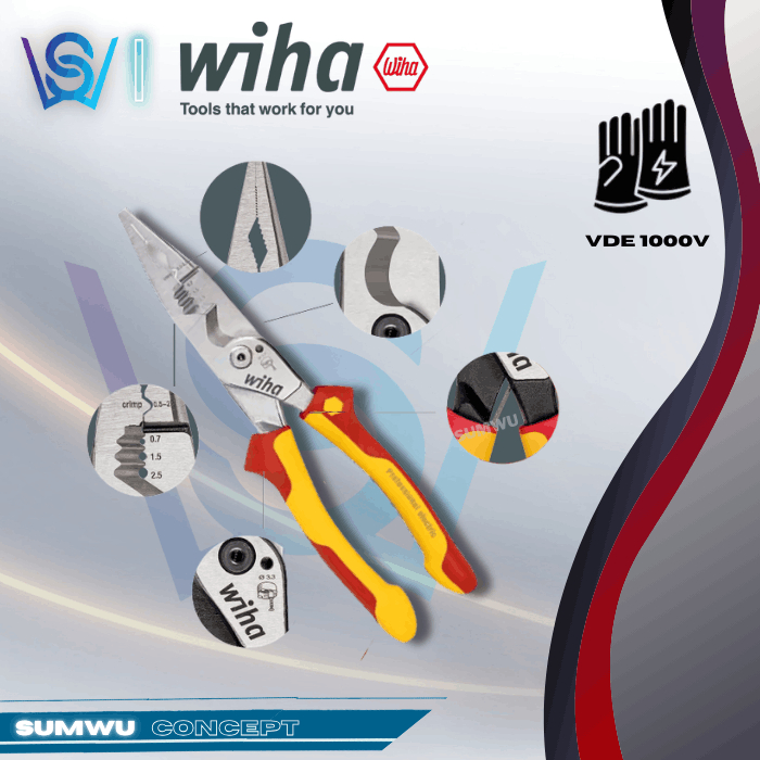 WIHA คีมช่างไฟฟ้าหุ้มฉนวนมัลติฟังก์ชั่น 8-In-1 1000V (45489) Playar Elektrik Crimping,ปอก,ตัด