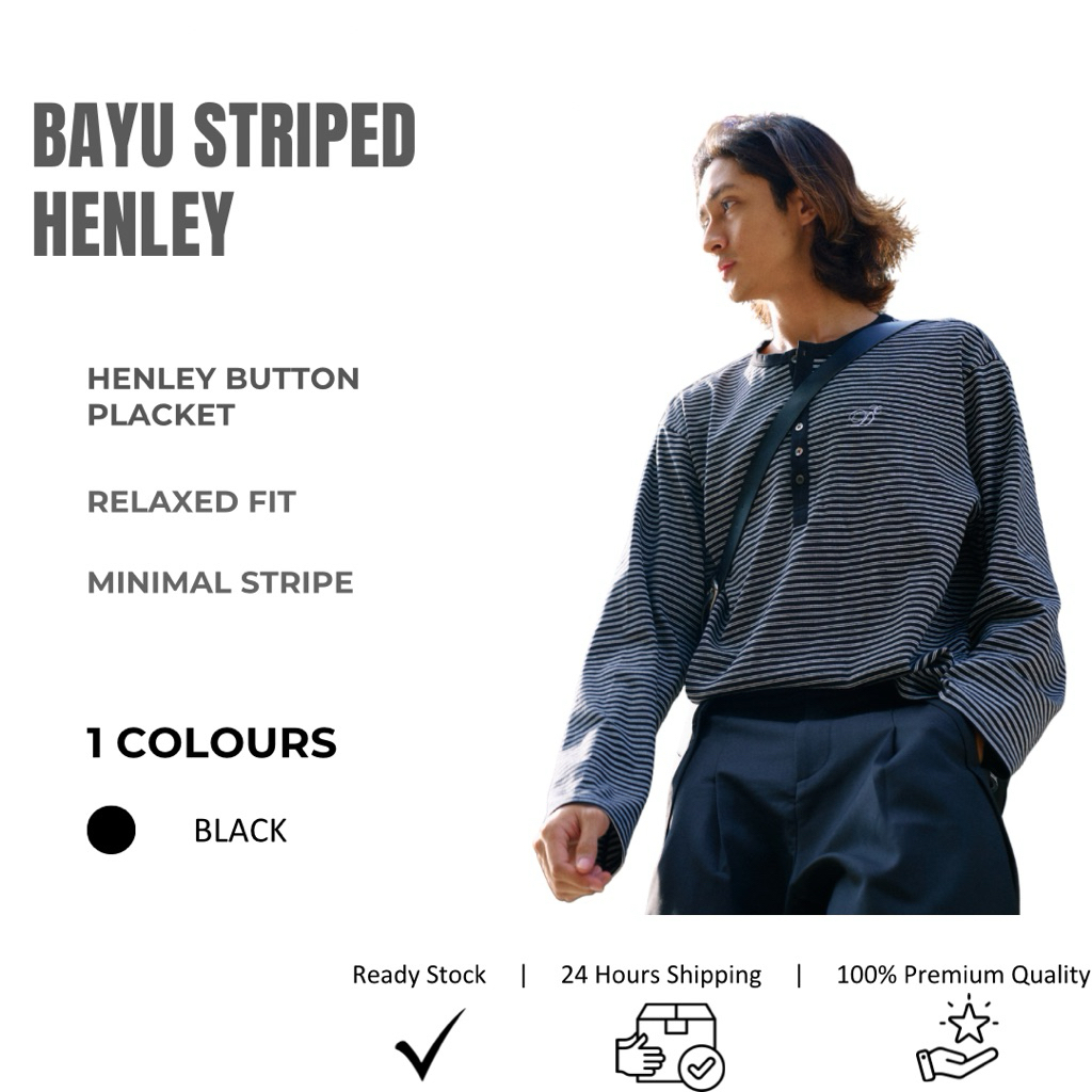 Bayu Striped Henley เสื้อเชิ้ตลายทางลําลอง Relaxed Fit Streetwear Top Button Henley Tee