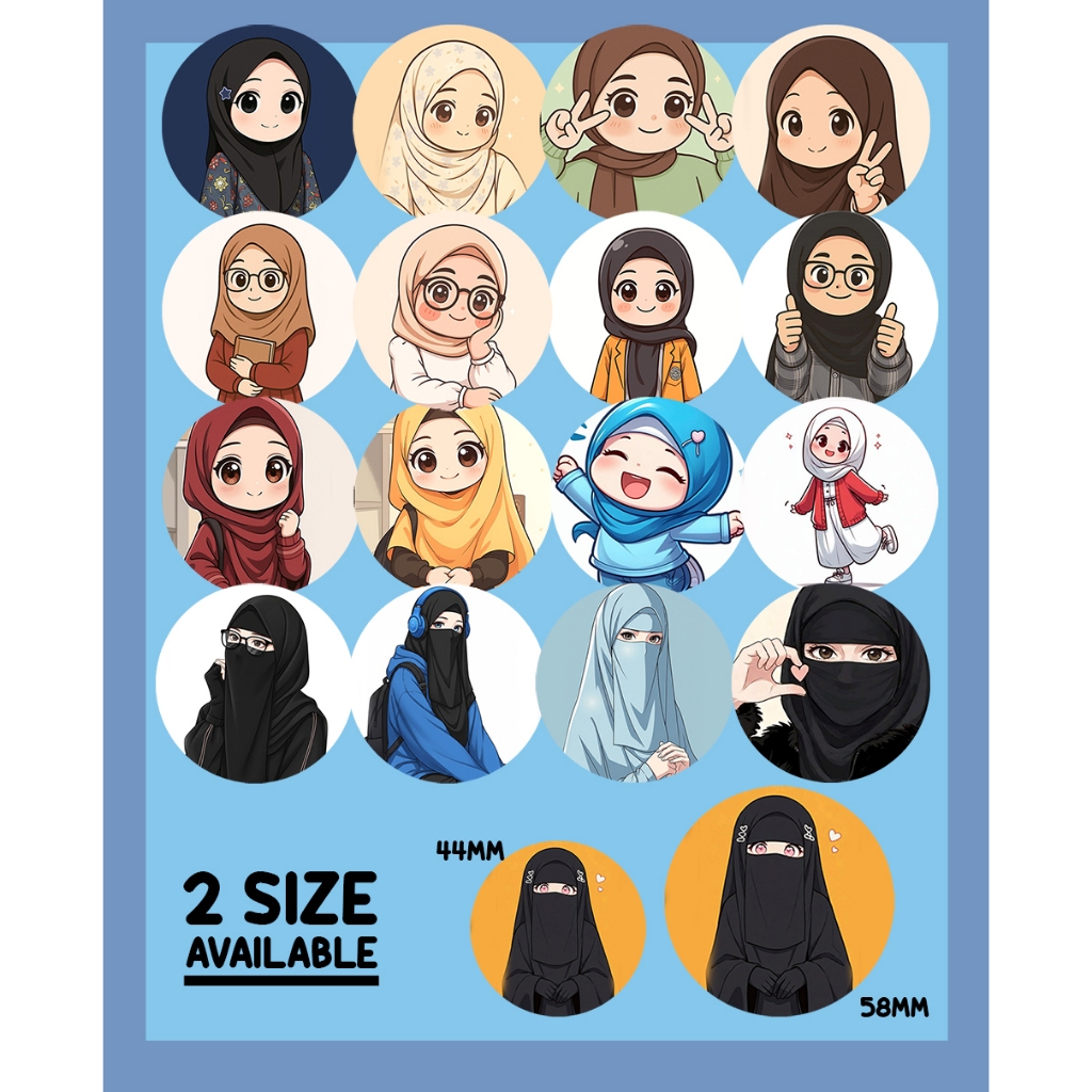 ฮิญาบน่ารัก Chibi Style Girl Awek Hijab Purdah Niqab Button Badges