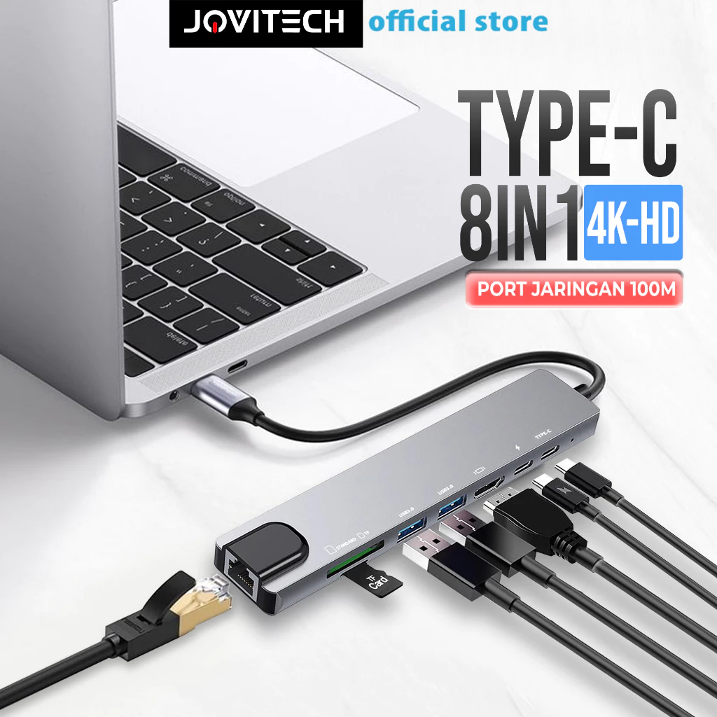 JQVITEK DS01 Multiport Adapter 8in1 USB-C to HDMI 4K PD100W RJ45 SD/TF Slot สําหรับแล็ปท็อป PC Mac i