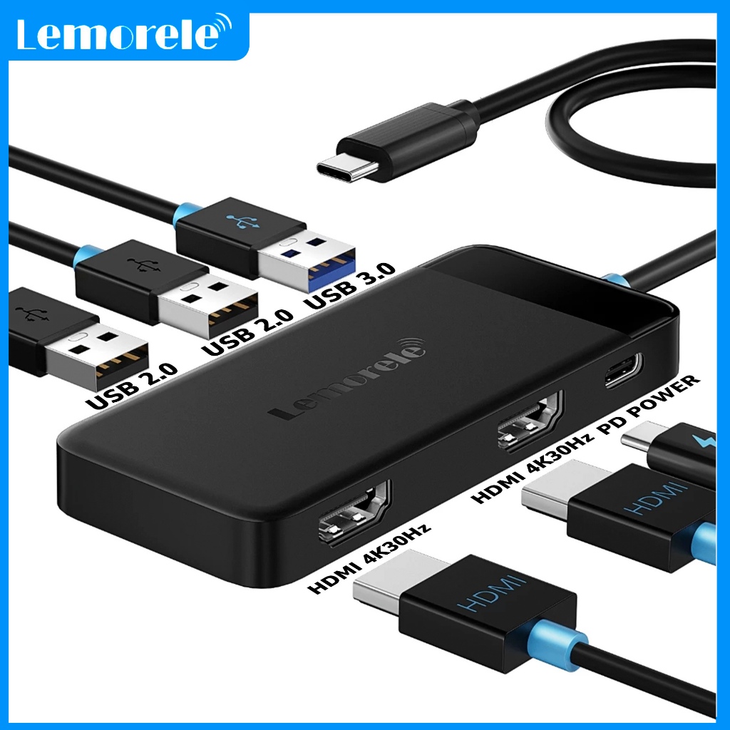 Lemorele TC122 6 in 1 USB C Docking Station Hub Dual HDMI 4K 30Hz Plug and Play สําหรับแล็ปท็อป