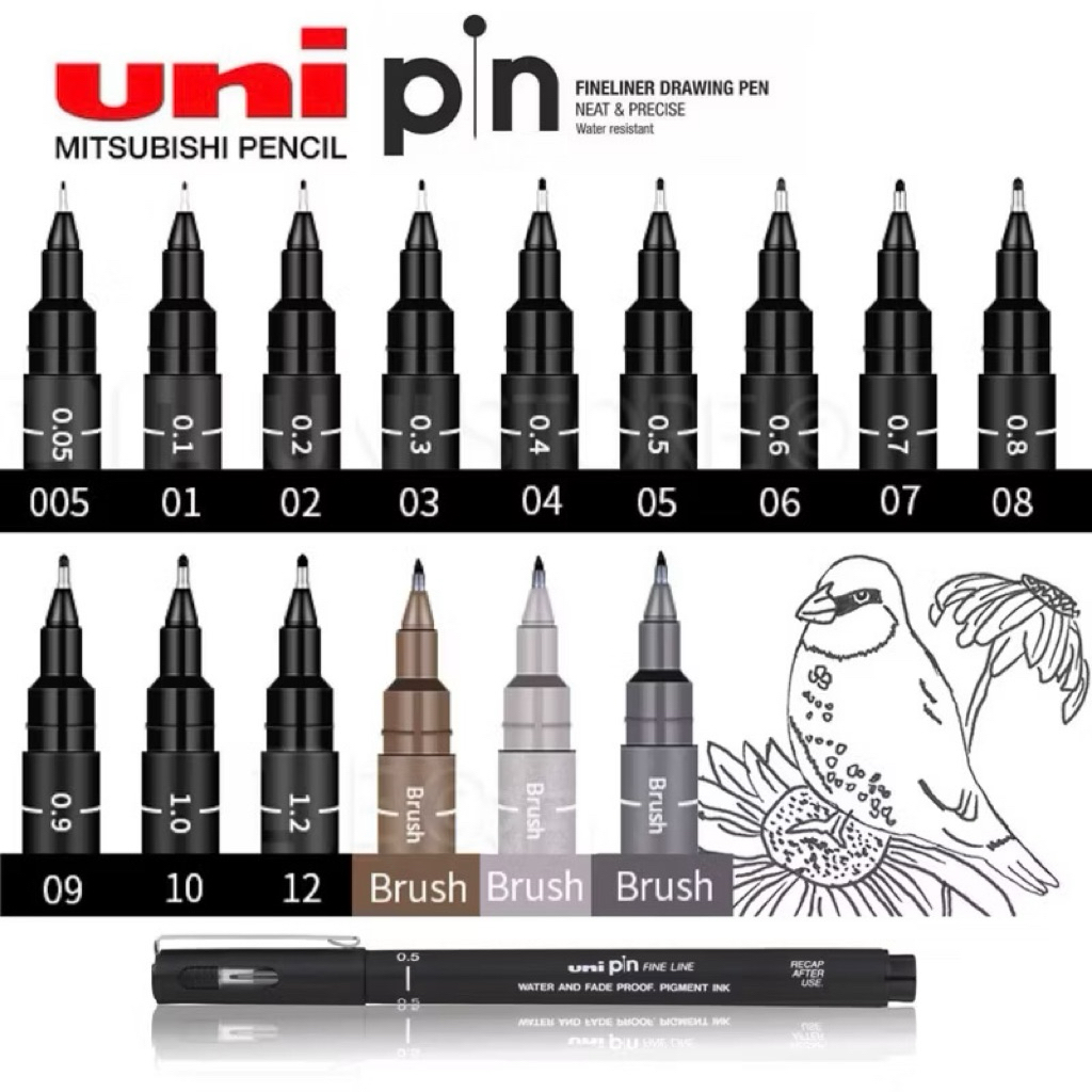 Uni Pin Technical Fine Line Drawing Pen แปรงวาดภาพเม็ดสีไลเนอร์ 0.03-1.2 มม.